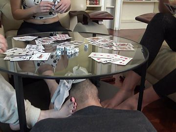 Sock smelling slave while playing cards! 